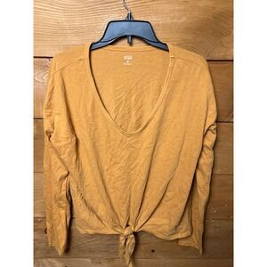 ana a new approach Mustard Yellow Long Sleeve V Neck Tie Front Top Womens Medium